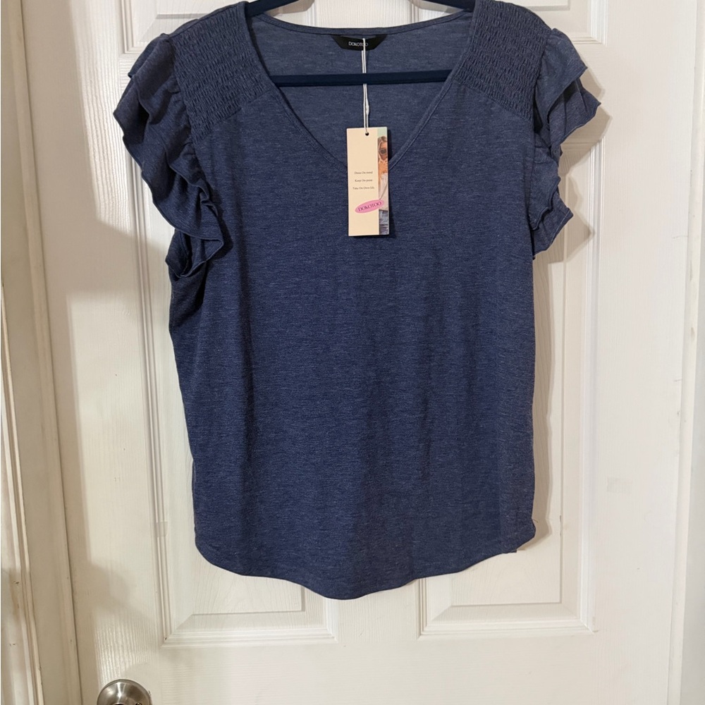 Chic Navy Ruffle Sleeve Blouse
